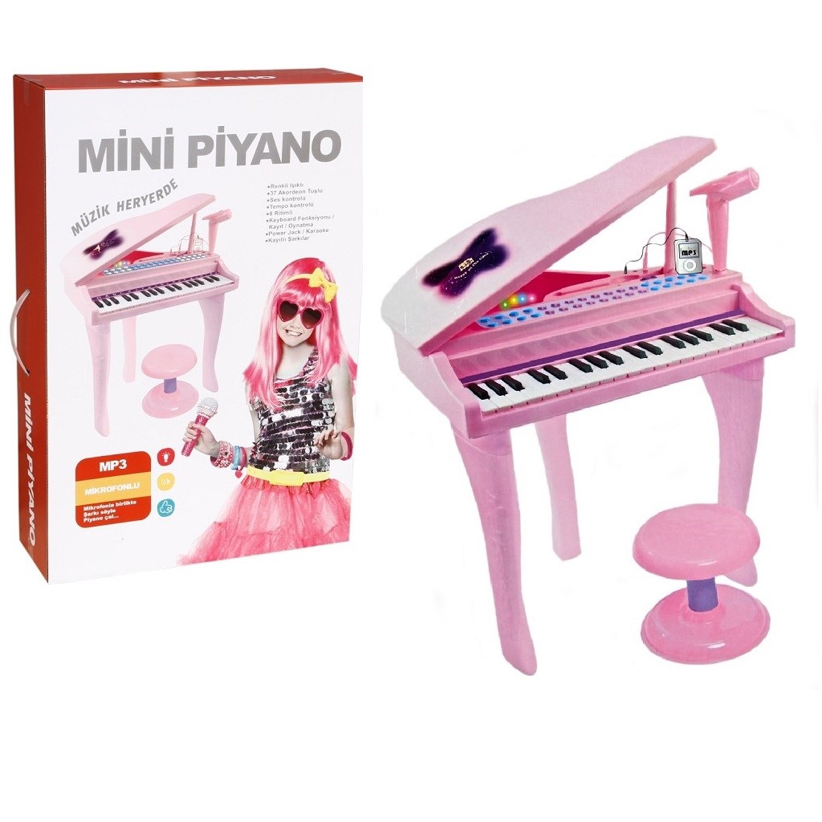37 Tuşlu Mikrofonlu Tabureli Kuyruklu Karaoke Piyano