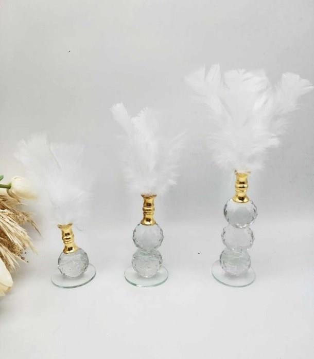 3lü Beyaz Tüylük Seti Biblo Süs Dekor Ürünü Kristal Toplu