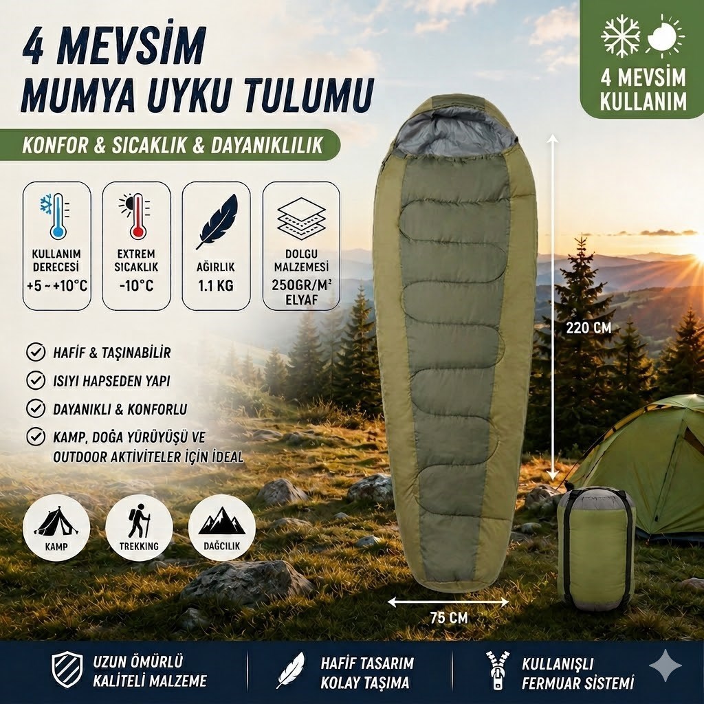 4 Mevsim Mumya Tip Uyku Tulumu -10°C Konforlu Kamp Uyku Tulumu Yıkanabilir YEŞİL