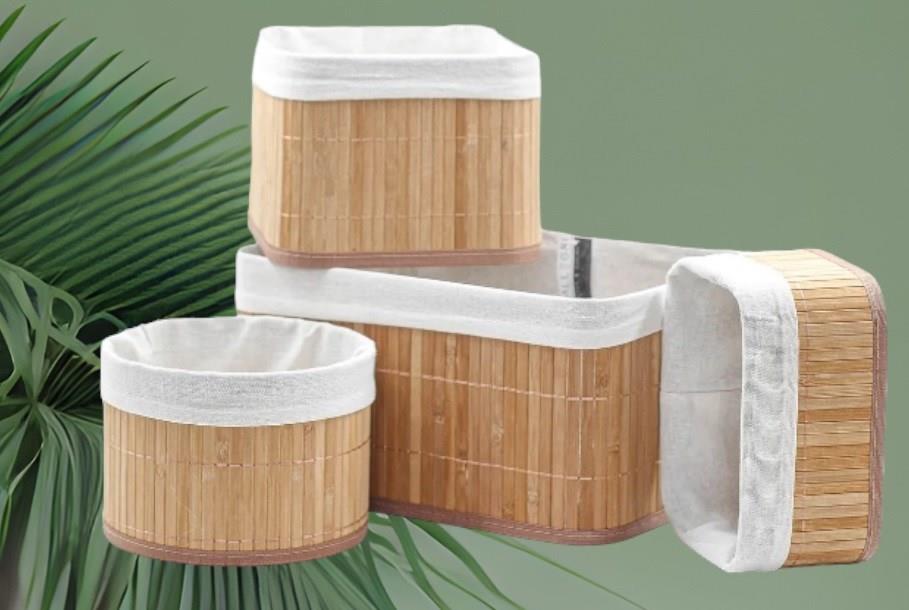 4lü Bambu Sepet Naturel Astarlı Çok Amaçlı Saklama Kutusu Seti