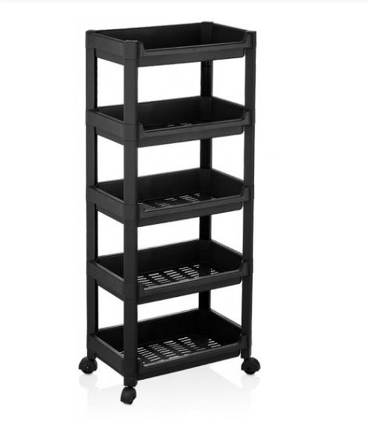 5 Katlı Portatif Mutfak Banyo Düzenleyici Tekerlekli Geniş Organizer Raf Siyah