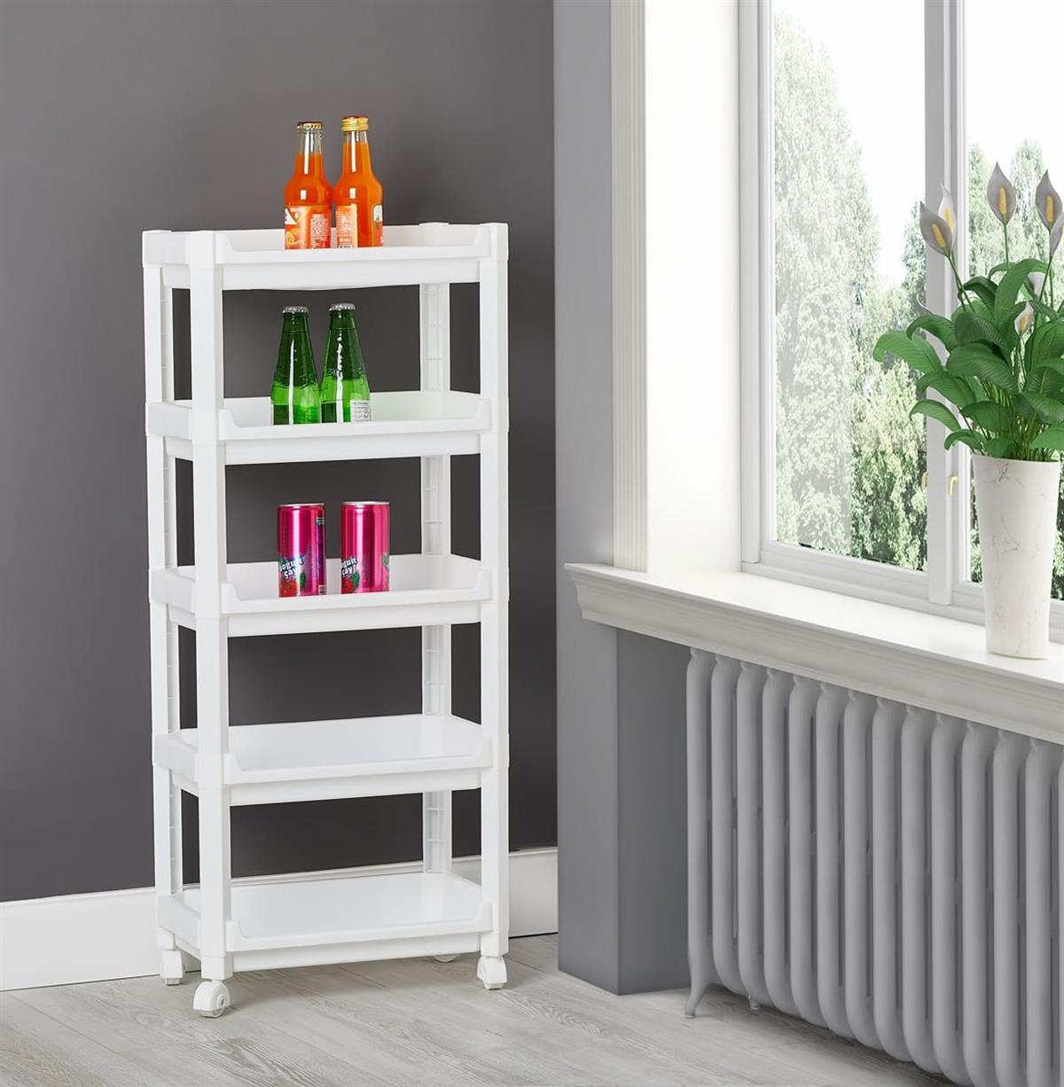 5 Katlı Portatif Mutfak Banyo Düzenleyici Tekerlekli Geniş Organizer Raf Beyaz