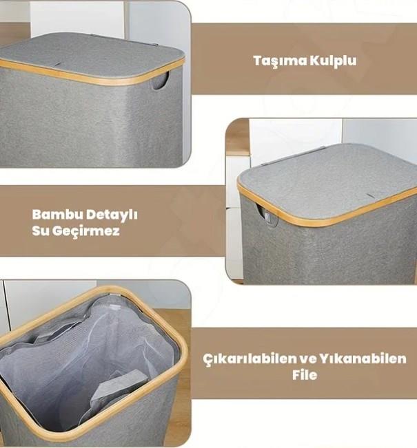 60 Lt Katlanır Kumaş Bambu Çamaşır Sepeti İçi Fileli Kirli Çamaşır Sepeti