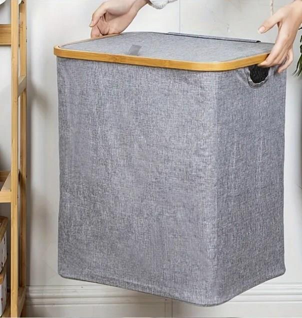 60 Lt Katlanır Kumaş Bambu Çamaşır Sepeti İçi Fileli Kirli Çamaşır Sepeti