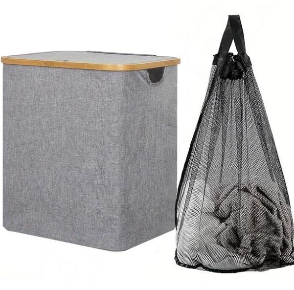 60 Lt Katlanır Kumaş Bambu Çamaşır Sepeti İçi Fileli Kirli Çamaşır Sepeti