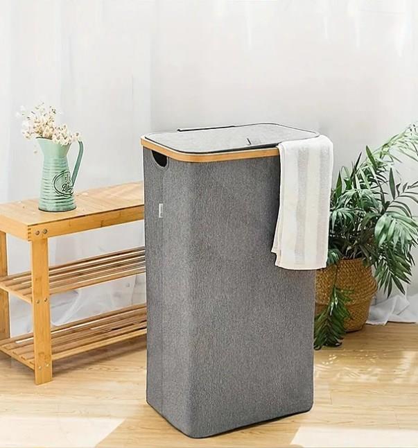 70 Lt Katlanır Kumaş Bambu Çamaşır Sepeti İçi Fileli Kirli Çamaşır Sepeti