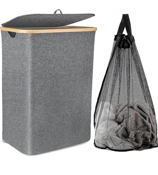 70 Lt Katlanır Kumaş Bambu Çamaşır Sepeti İçi Fileli Kirli Çamaşır Sepeti