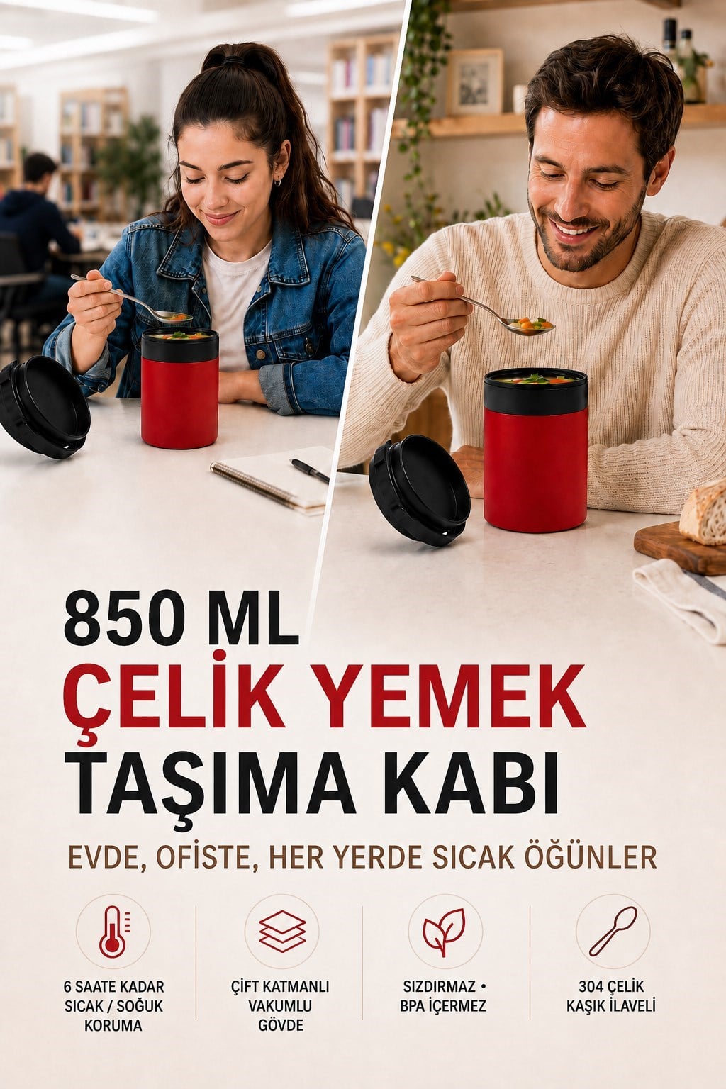 850 ML Paslanmaz Çelik Sızdırmaz Termos Yemek Taşıma Kabı / Sefer Tası Beslenme Kutusu