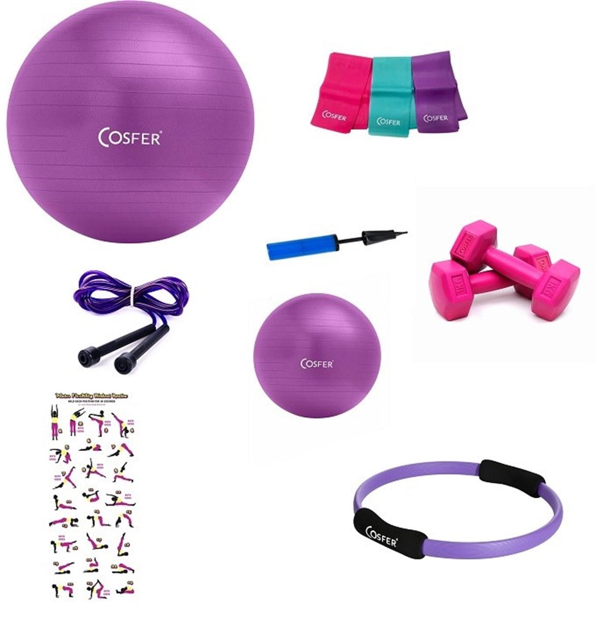 8li Pilates Seti Çember İp Dambıl Lastik Pompa