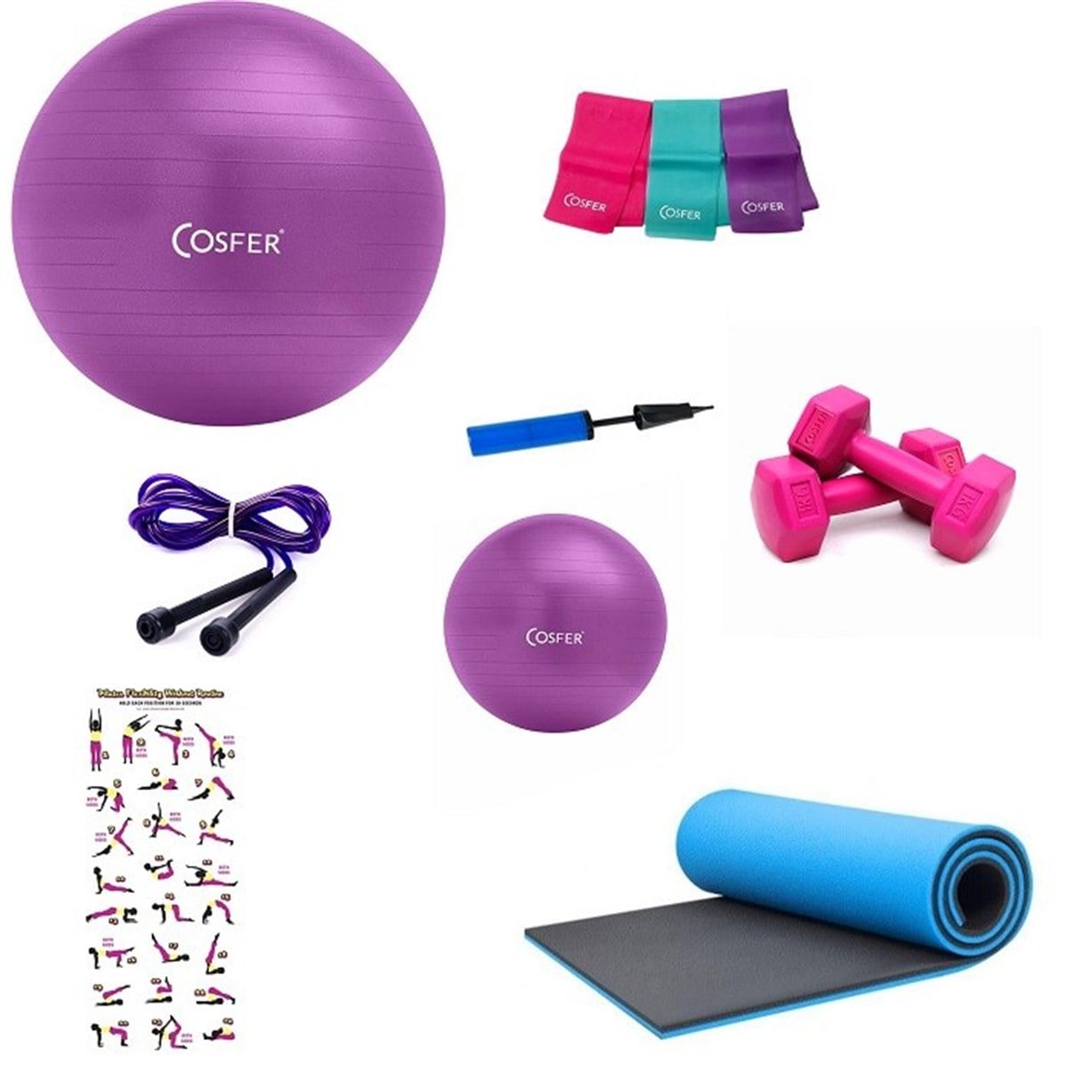 8li Pilates Seti Top 16 Mm Mat İp Dambıl Lastik Pompa