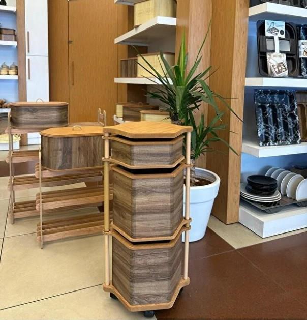 Ahşap Altıgen Tekerlekli Kahve Sebzelik 3 Katlı Yana Açılır Patates Soğan Sarımsak