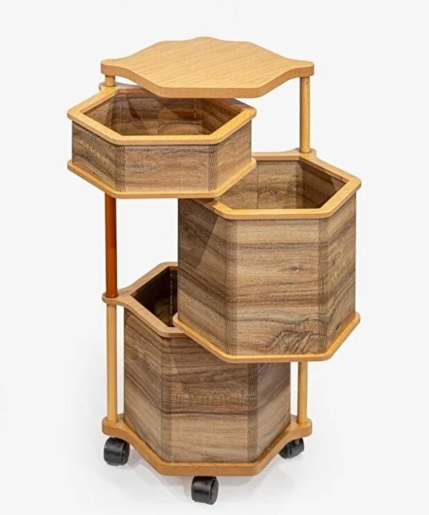 Ahşap Altıgen Tekerlekli Kahve Sebzelik 3 Katlı Yana Açılır Patates Soğan Sarımsak