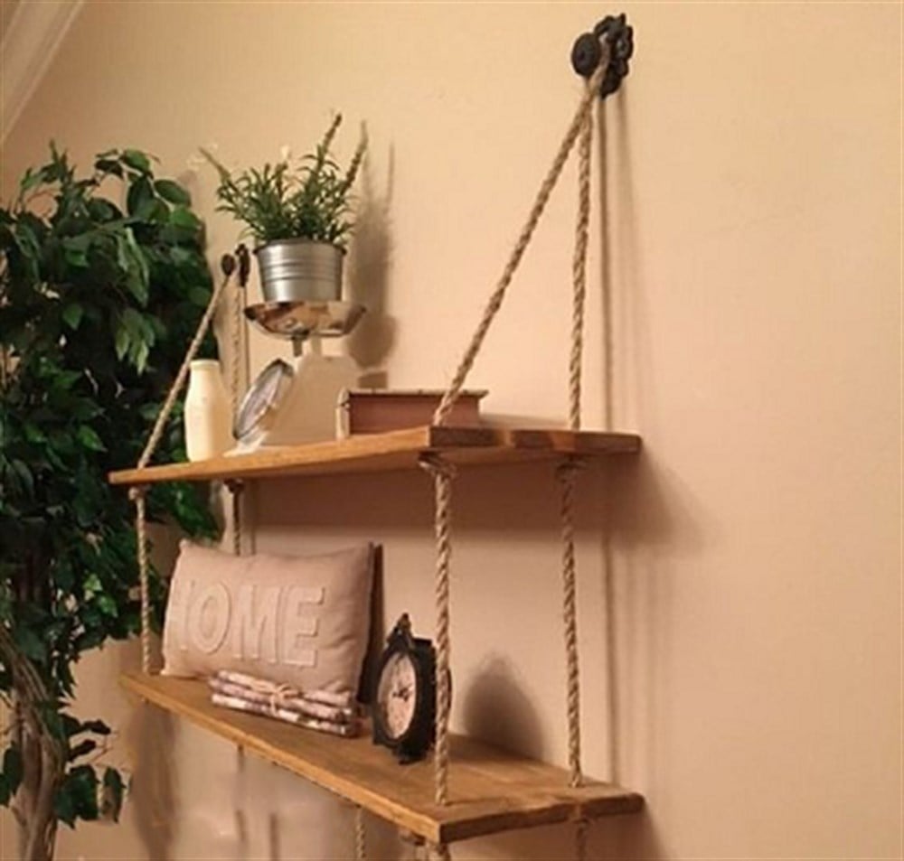 Ahşap İpli Duvar Rafı 2 Katlı