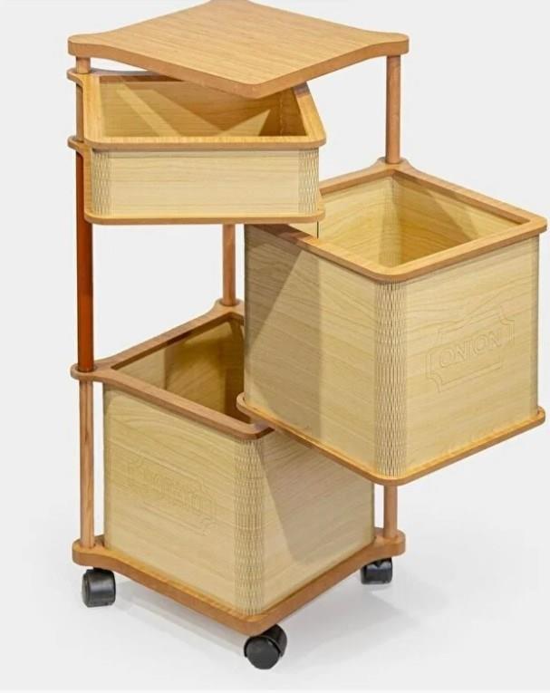 Ahşap Kare Tekerlekli Sebzelik 3 Katlı Yana Açılır Patates Soğan Sarımsak Krem