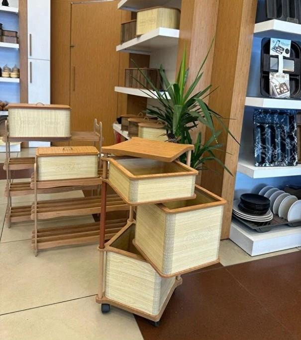 Ahşap Kare Tekerlekli Sebzelik 3 Katlı Yana Açılır Patates Soğan Sarımsak Krem