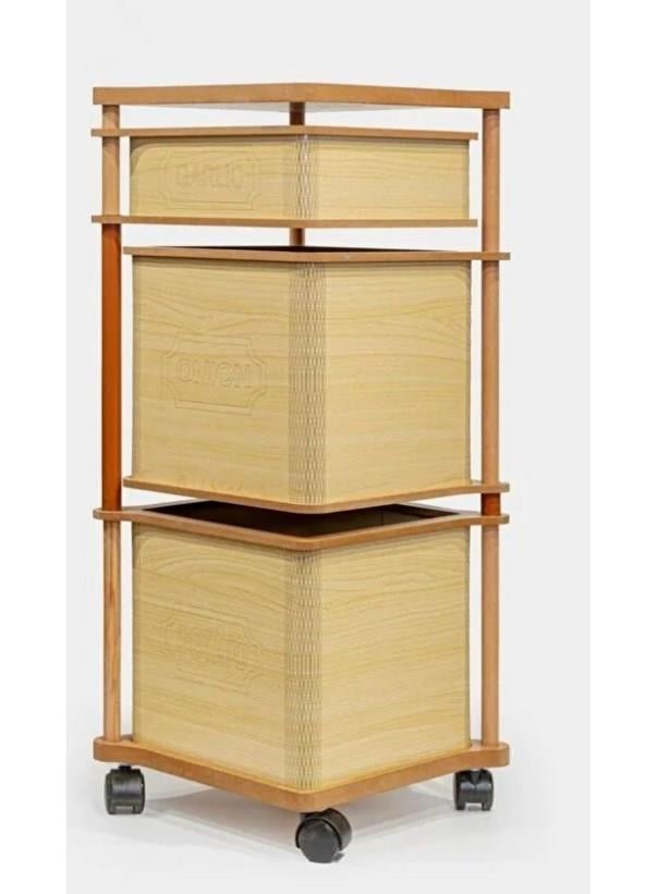 Ahşap Kare Tekerlekli Sebzelik 3 Katlı Yana Açılır Patates Soğan Sarımsak Krem