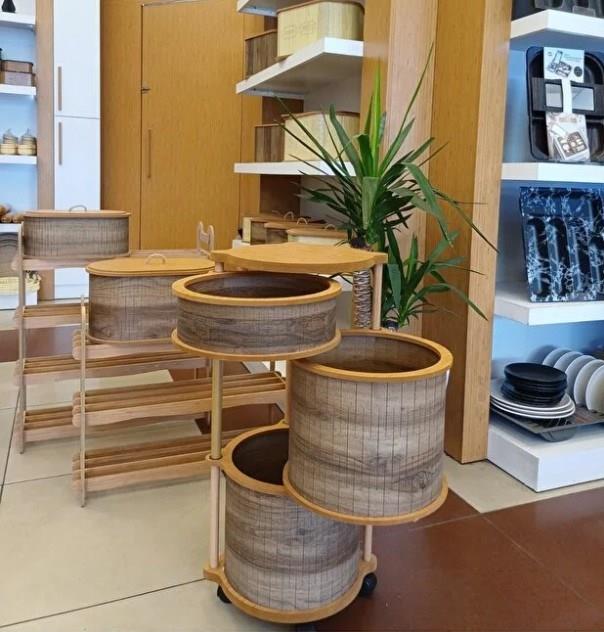 Ahşap Yuvarlak Tekerlekli Kahve Sebzelik 3 Katlı Yana Açılır Patates Soğan Sarımsak