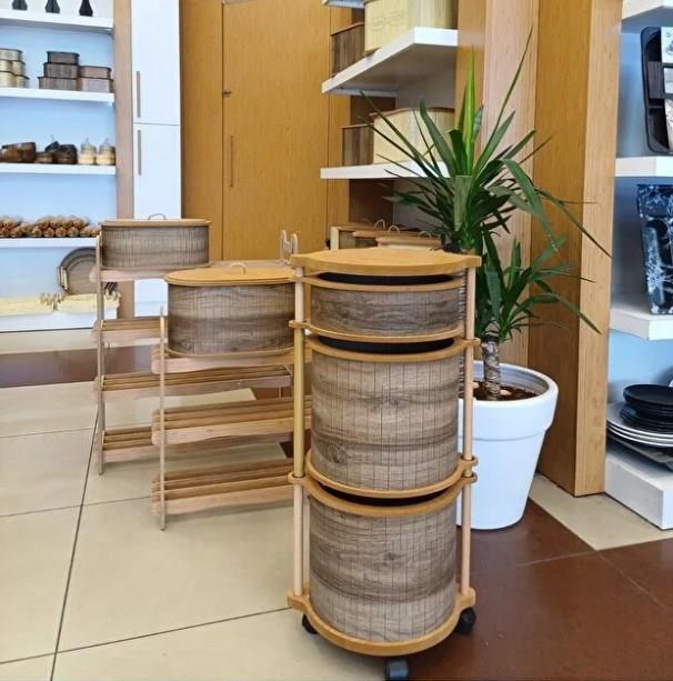 Ahşap Yuvarlak Tekerlekli Kahve Sebzelik 3 Katlı Yana Açılır Patates Soğan Sarımsak