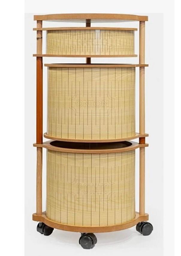 Ahşap Yuvarlak Tekerlekli Sebzelik 3 Katlı Yana Açılır Patates Soğan Sarımsak Krem