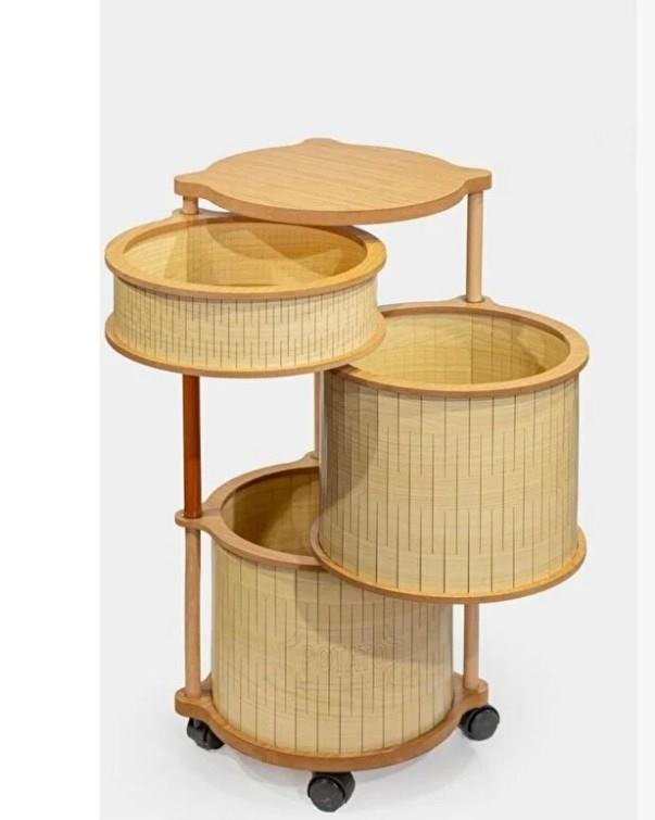 Ahşap Yuvarlak Tekerlekli Sebzelik 3 Katlı Yana Açılır Patates Soğan Sarımsak Krem