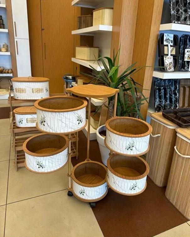 Ahşap Yuvarlak Zeytin Sebzelik 5 Katlı Yana Açılır Patates Soğan Tekerlekli Sebzelik
