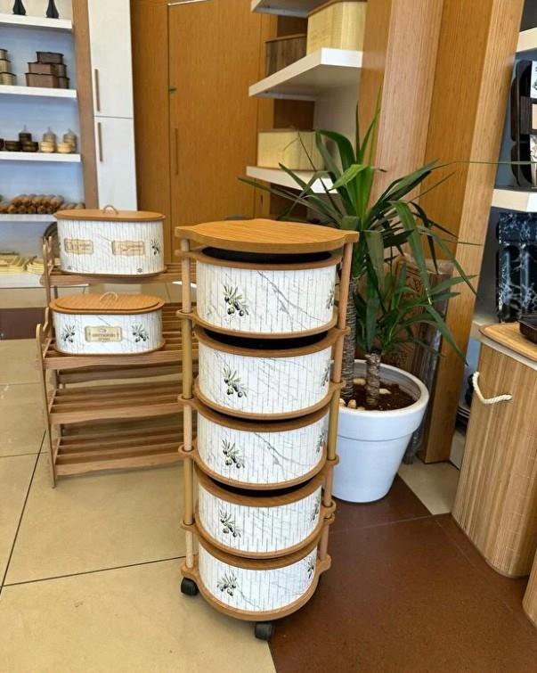 Ahşap Yuvarlak Zeytin Sebzelik 5 Katlı Yana Açılır Patates Soğan Tekerlekli Sebzelik