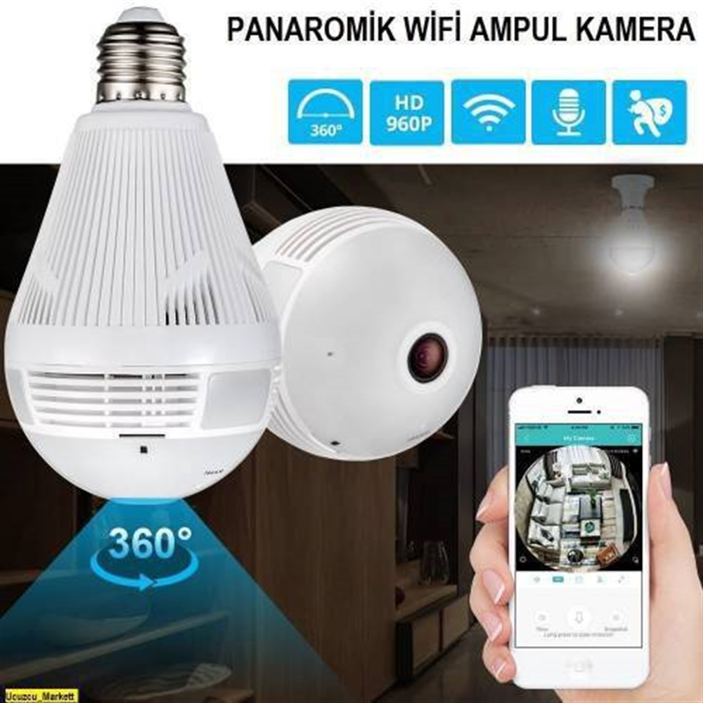 AngelEye KS-606 Panoromik Wifi Ampul Kamera Bebek Bakıcı Kamerası Cepten Takip