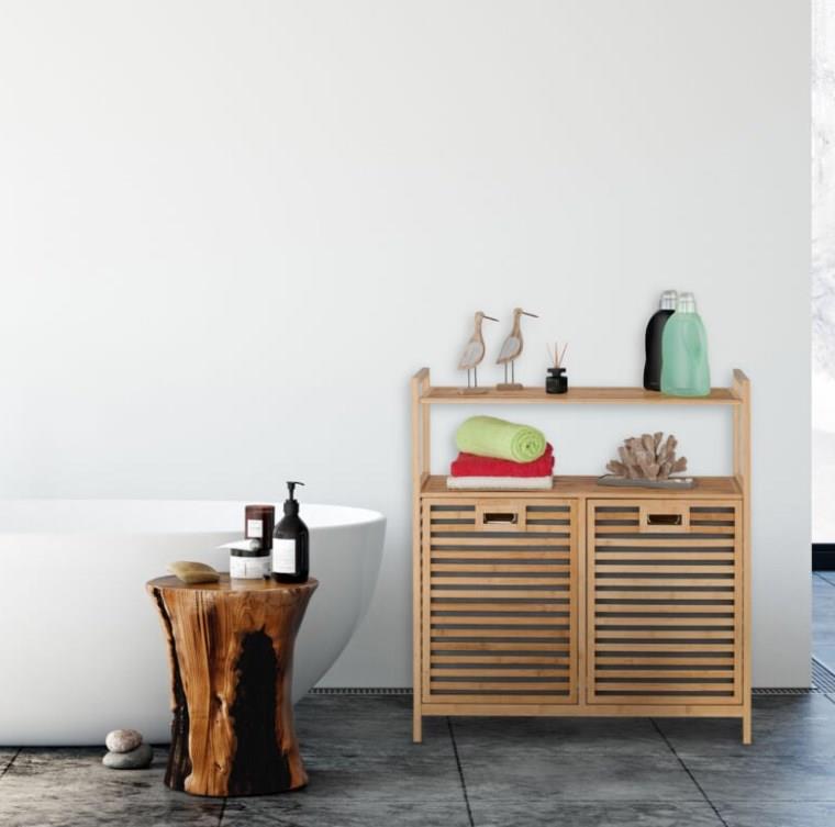 Bambu 2 Bölmeli Kirli Çamaşır Sepeti 2 Raflı Banyo Düzenleyici Dolap Banyo Dolabı