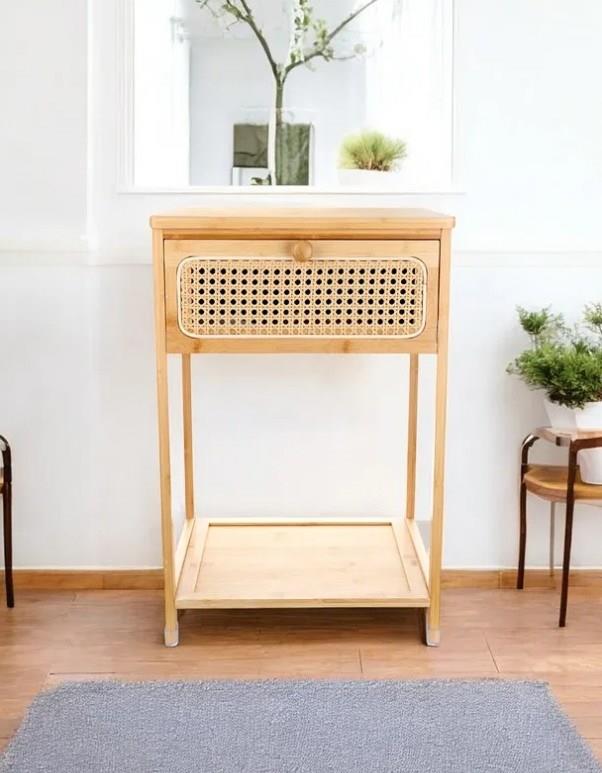 Bambu 2 Katlı Çekmeceli Oturma Odası Yatak Odası Komodini Rattan Komodin