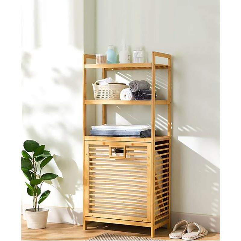 Bambu 3 Raflı Kirli Sepeti Çok Amaçlı Banyo Düzenleyici Organizer Raf