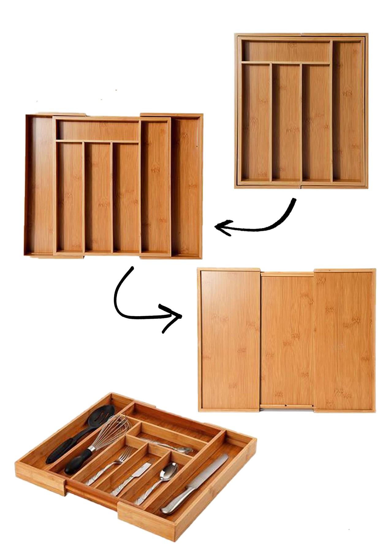 Bambu Ayarlanabilir Çekmeceli Kaşıklık 5-7 Bölmeli Bambu Kaşıklık