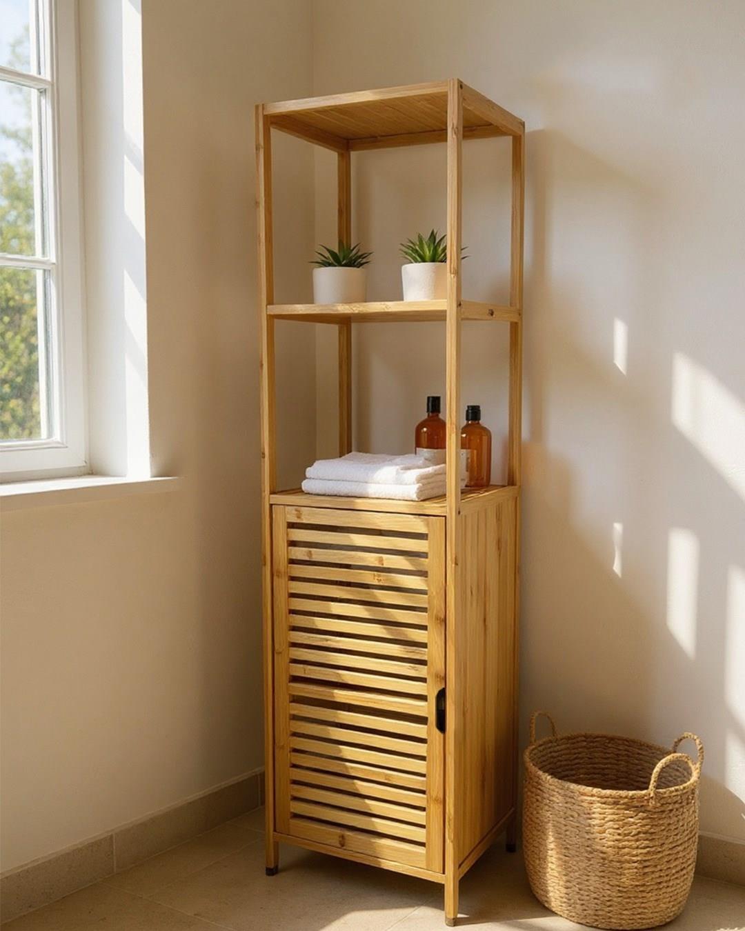 Bambu Banyo Dolabı 5 Raflı Kapaklı Banyo Düzenleme Dolabı Havlu Dolabı