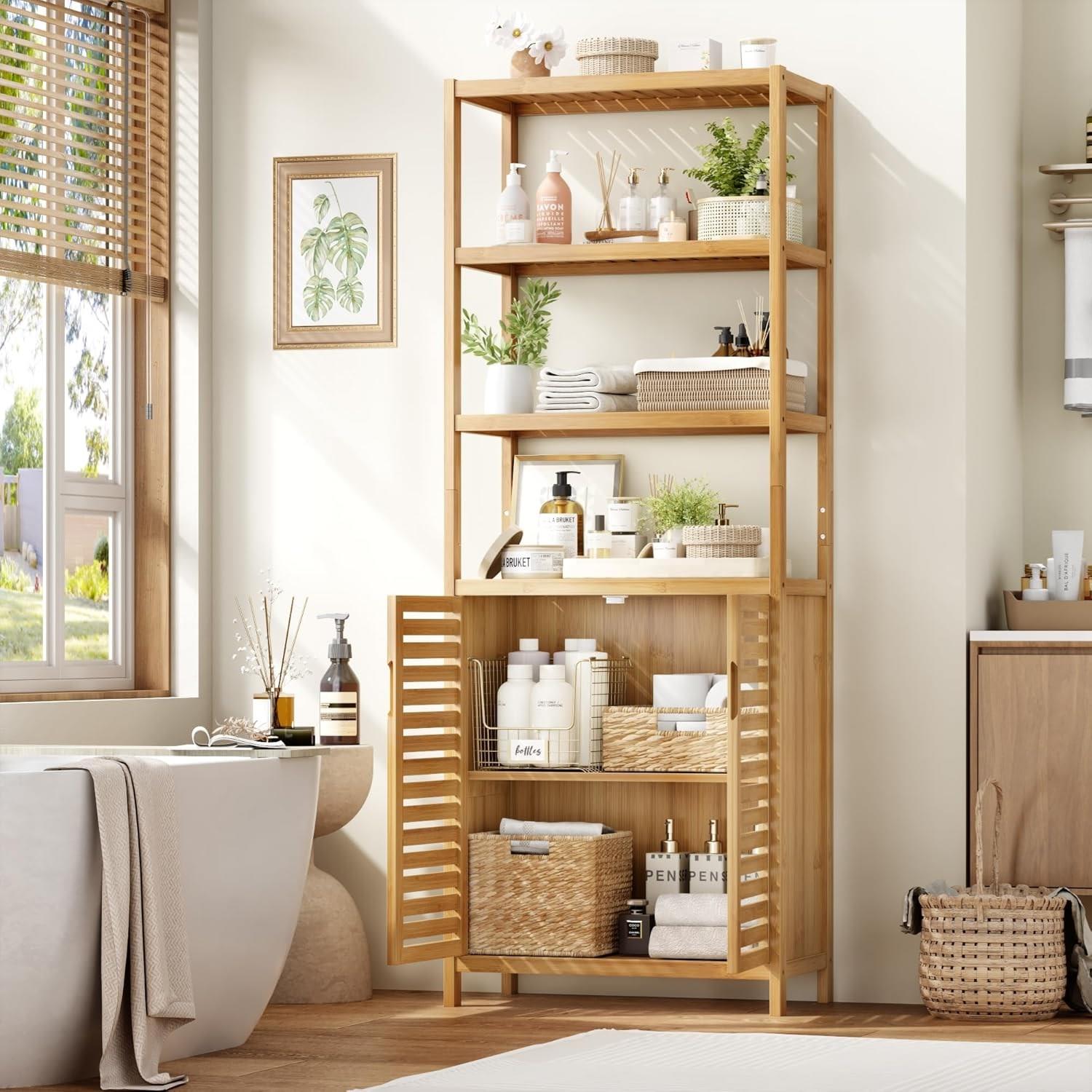 Bambu Banyo Dolabı 6 Raflı Kapaklı Salon Mutfak Çalışma Odası Dolabı Kitaplık