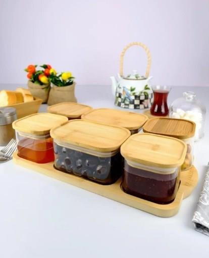 Bambu Kapaklı 6lı Cam Kahvaltılık Vakumlu Kapak Borosilikat Kahvaltı Seti