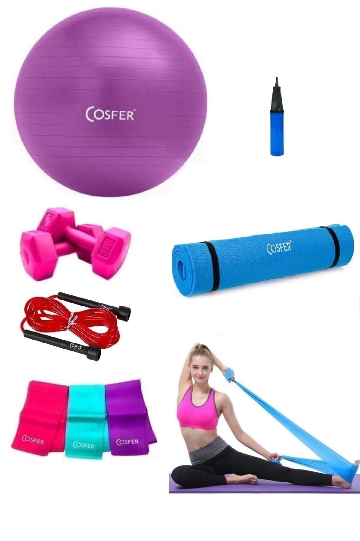 Cosfer 6 Parça Pilates Set Dambıl Mat Direnç Lastiği İp Top