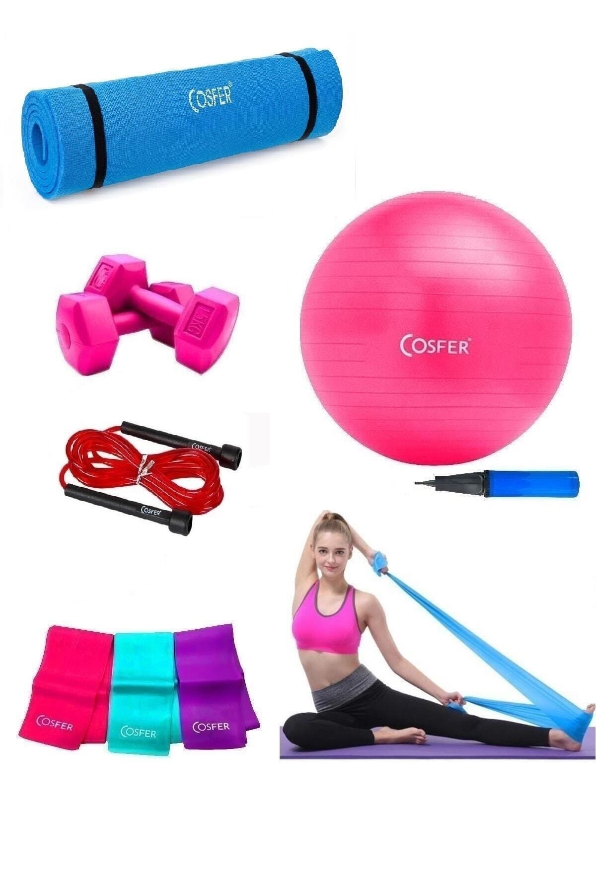 Cosfer 6 Parça Pilates Set Dambıl Mat Direnç Lastiği İp Top