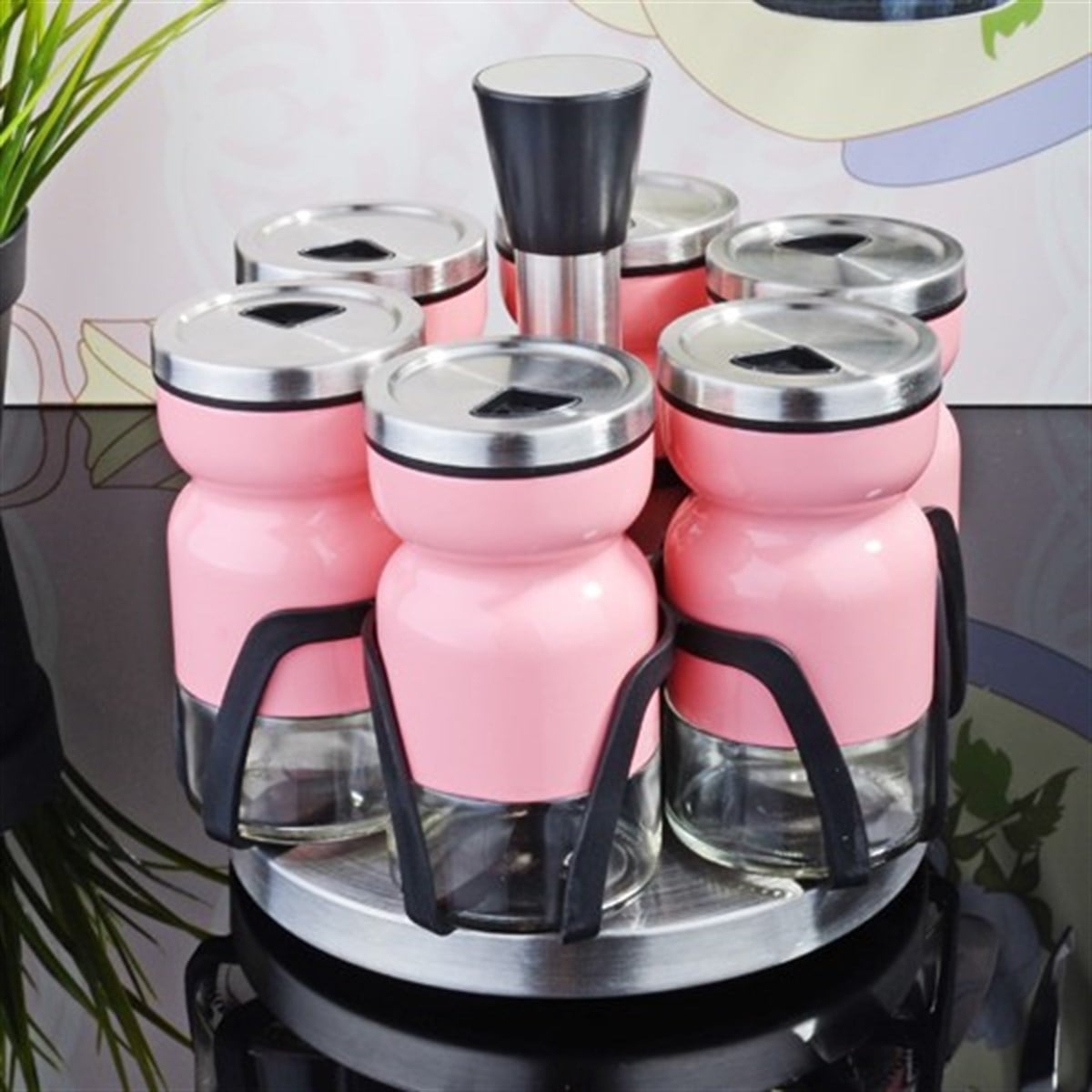 DK-077 Metal 6lı Döner Baharatlık Metal Giydirme Cam Pembe