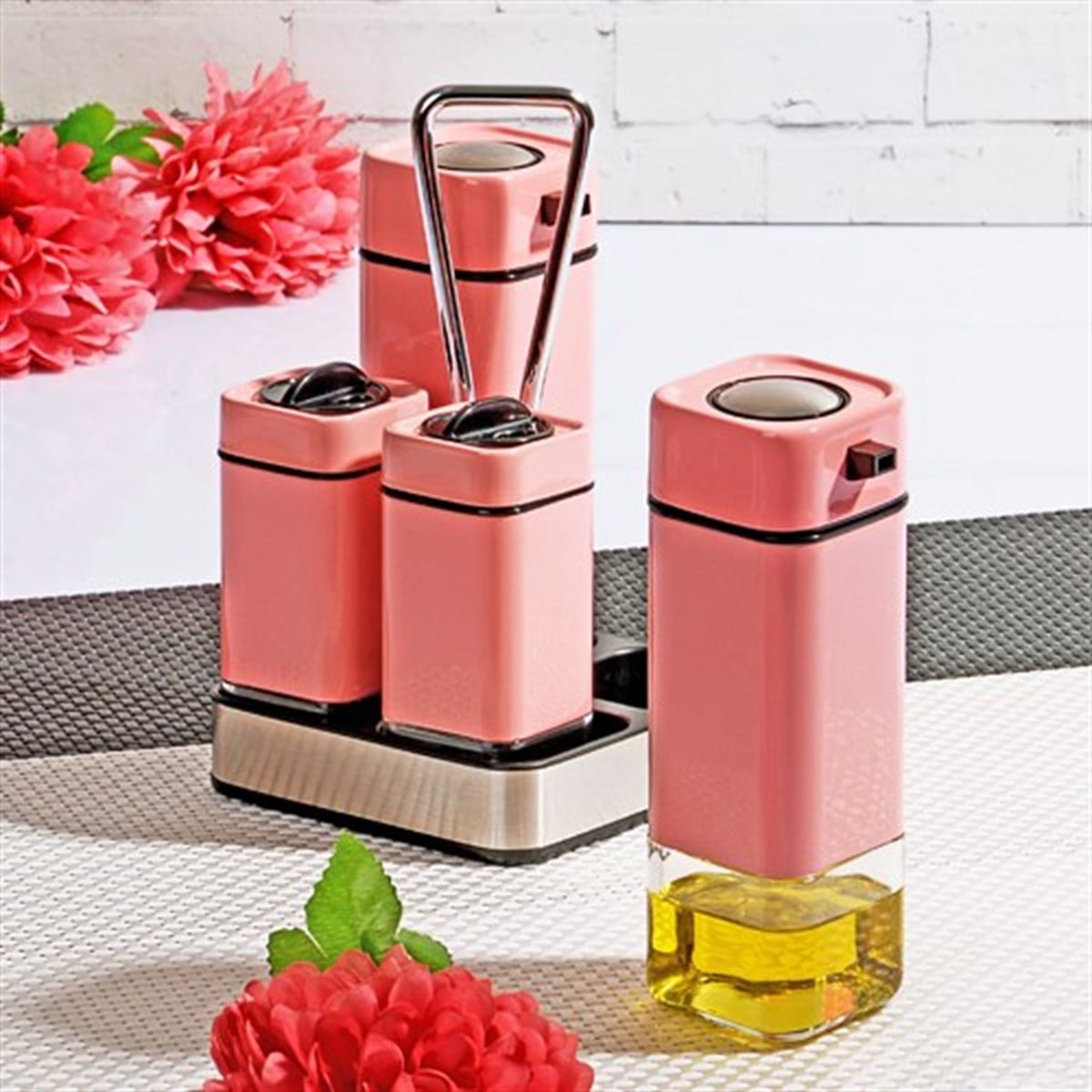 DK-104 Metal Lüks Yağ Sirke Ve Baharatlık Cam Pembe