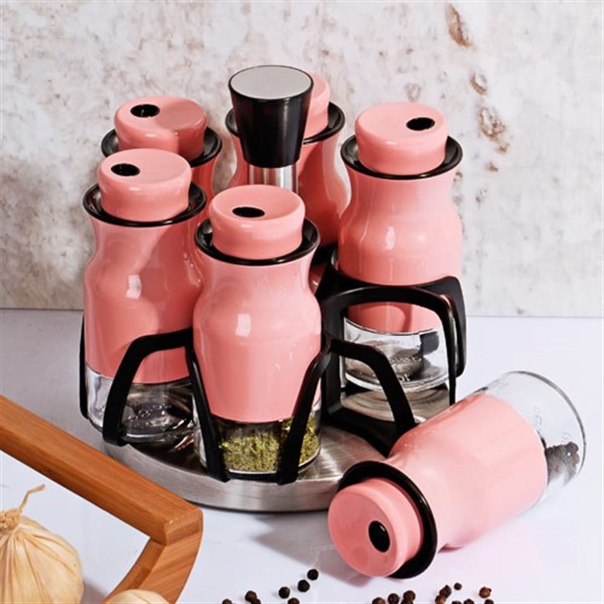 DK-122 Metal Lüx 6'lı Döner Baharat Takımı Vakumlu Cam Pembe