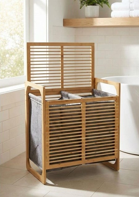 Doğal Bambu Çamaşır Sepeti 70 Litre 2 Gözlü Kirli Çamaşır Sepeti Modern Tasarım