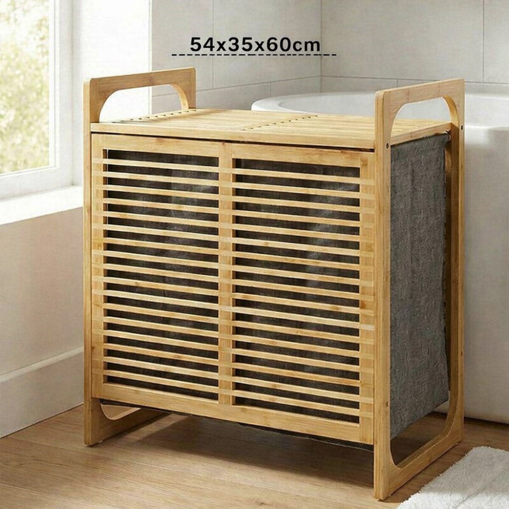 Doğal Bambu Çamaşır Sepeti 70 Litre 2 Gözlü Kirli Çamaşır Sepeti Modern Tasarım
