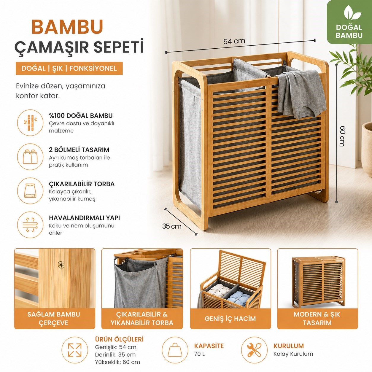 Doğal Bambu Çamaşır Sepeti 70 Litre 2 Gözlü Kirli Çamaşır Sepeti Modern Tasarım