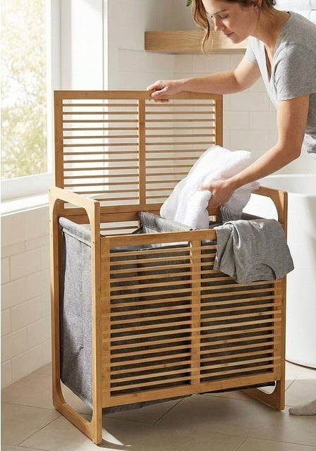 Doğal Bambu Çamaşır Sepeti 70 Litre 2 Gözlü Kirli Çamaşır Sepeti Modern Tasarım