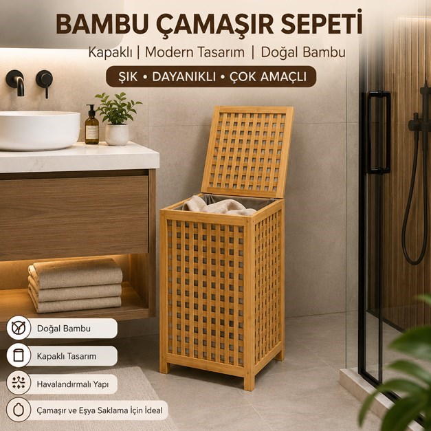 Doğal Bambu Çamaşır Sepeti Kapaklı Kirli Çamaşır Saklama Sepeti Banyo Organizeri