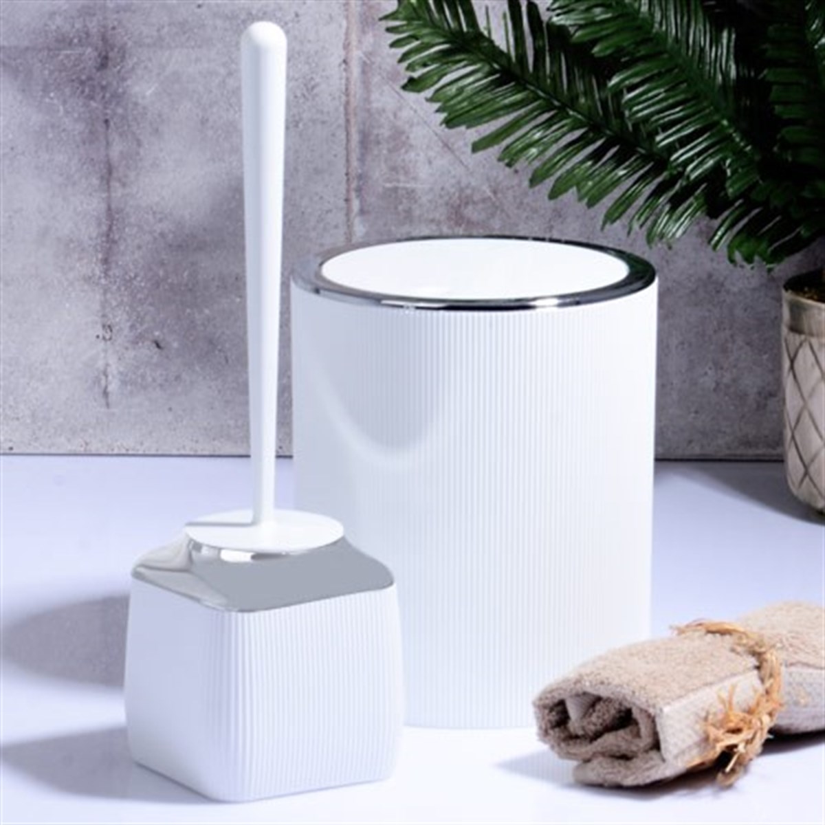 Fitilli 2'Li Banyo Seti Çöp Kovası Klozet Fırçası Beyaz