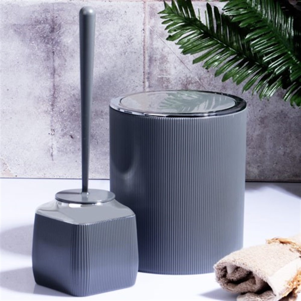 Fitilli 2'Li Banyo Seti Füme Çöp Kovası Klozet Fırçası