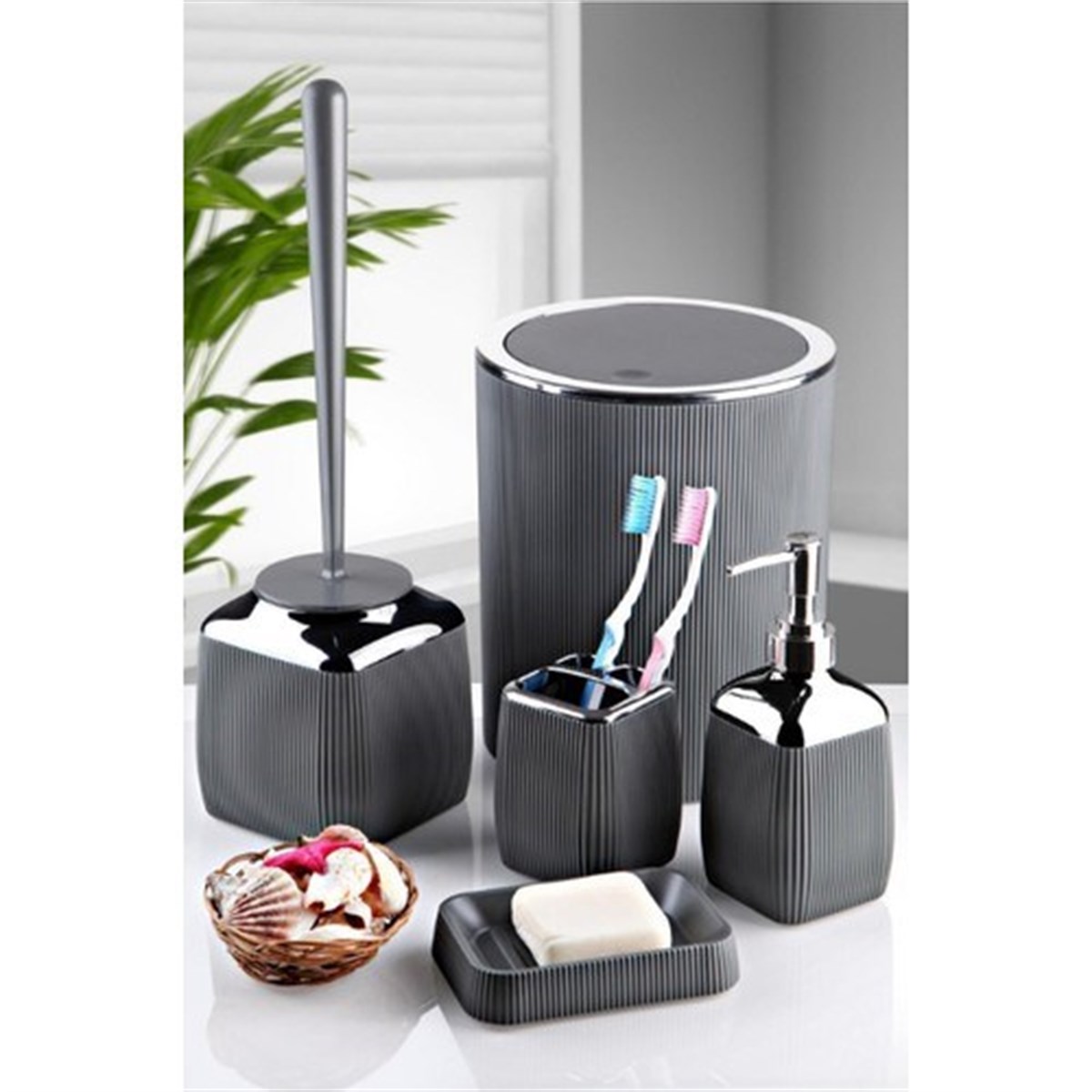 Fitilli 5Li Banyo Seti Kron Füme Lavabo Takımı