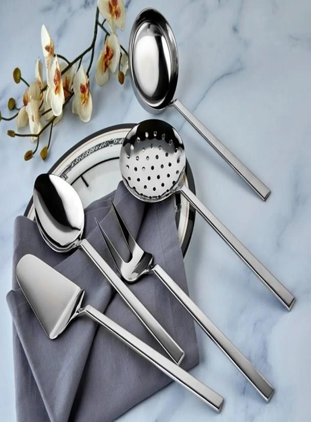 Paslanmaz Çelik 5 Parça Servis Seti Kepçe Kevgir Spatula Çatal 2.5 MM
