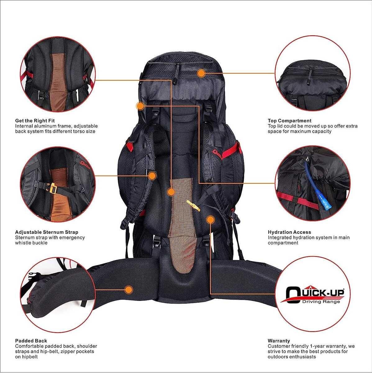 Quickup Hiking Sırt Çantası 65 Litre- Kırmızı Dağcı Sırt Çantası Kamp Çantası