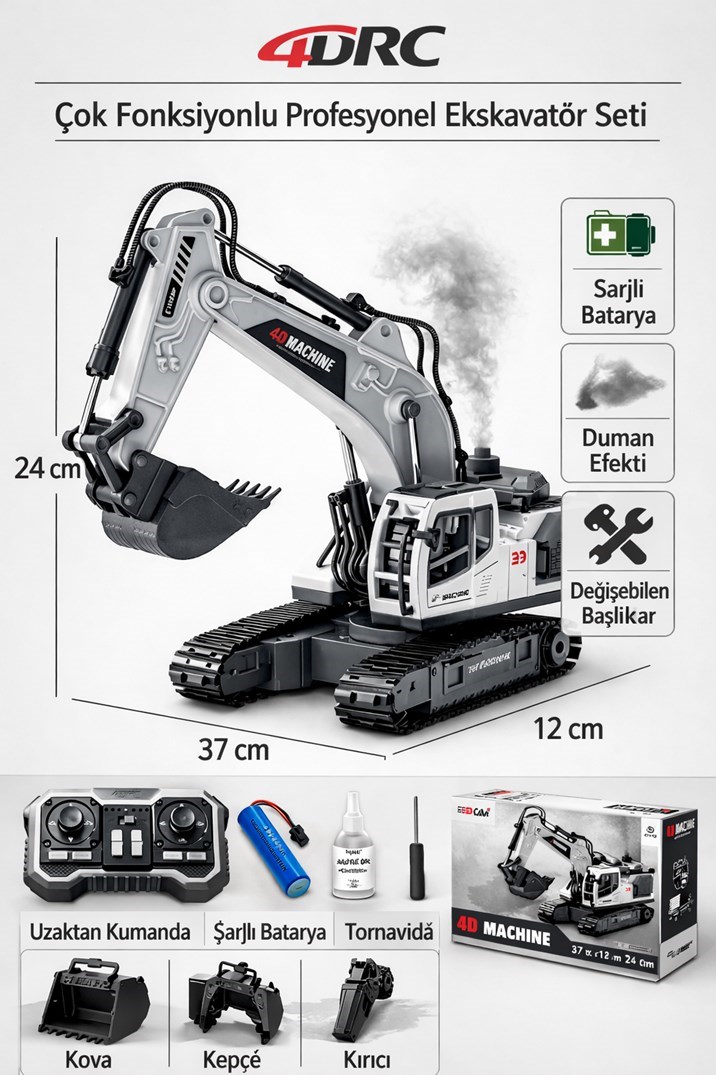 Uzaktan Kumandalı 3 Başlıklı Duman Atan Şarjlı Metal İş Makinesi Kepçe Kırıcı